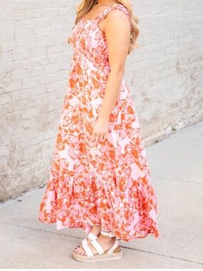 Pink Floral Maxi Dress with Ruffled Straps